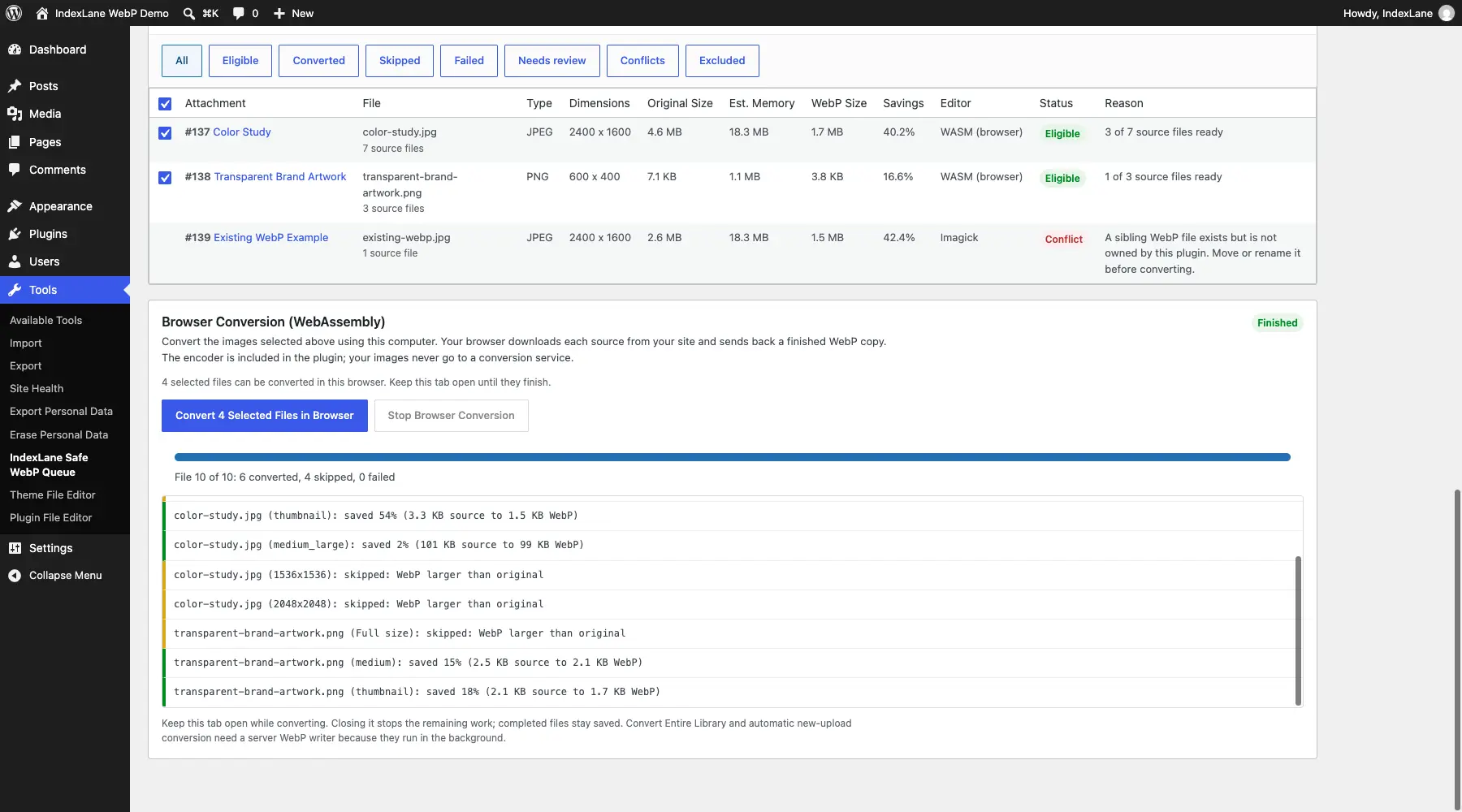 IndexLane Safe WebP Queue - Browser Conversion (WebAssembly) screenshot