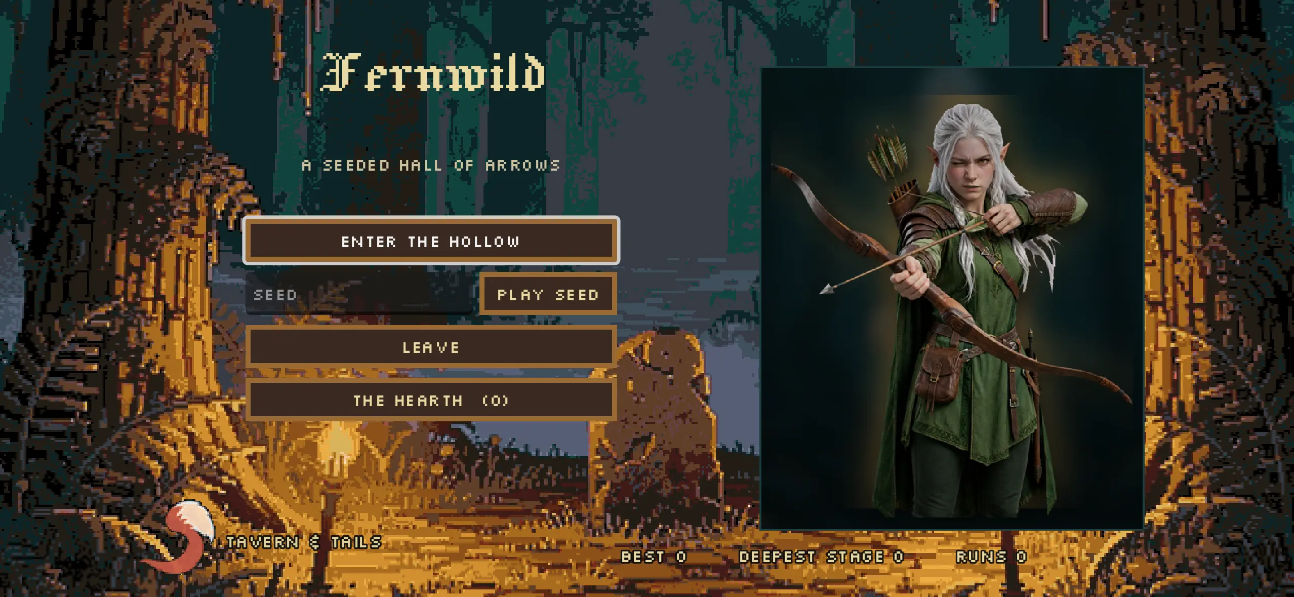 Fernwild's title screen filling a wide landscape mobile layout, with the forest artwork behind a centred menu and character portrait.
