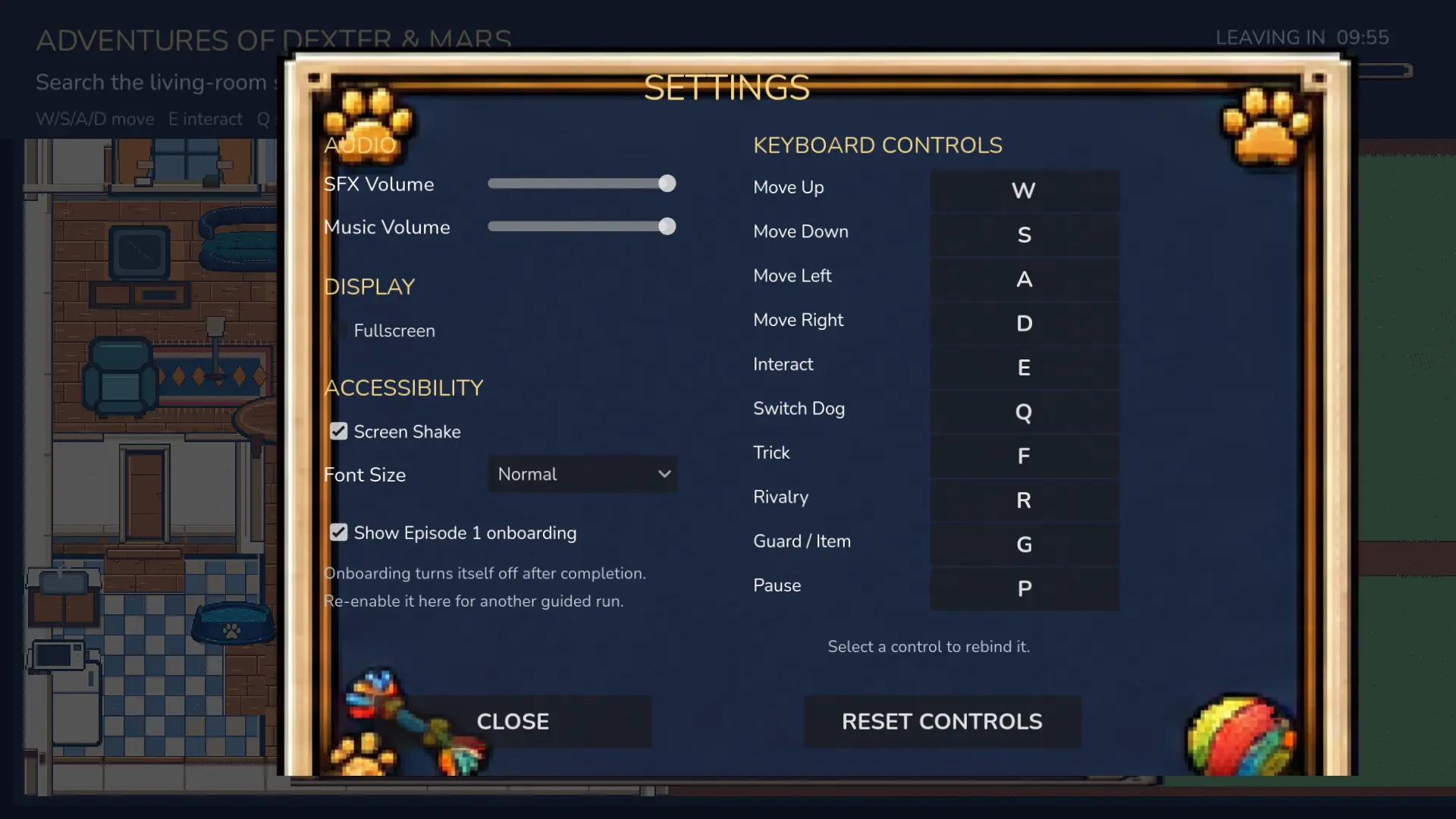 Rebindable keyboard controls, audio levels and accessibility settings.