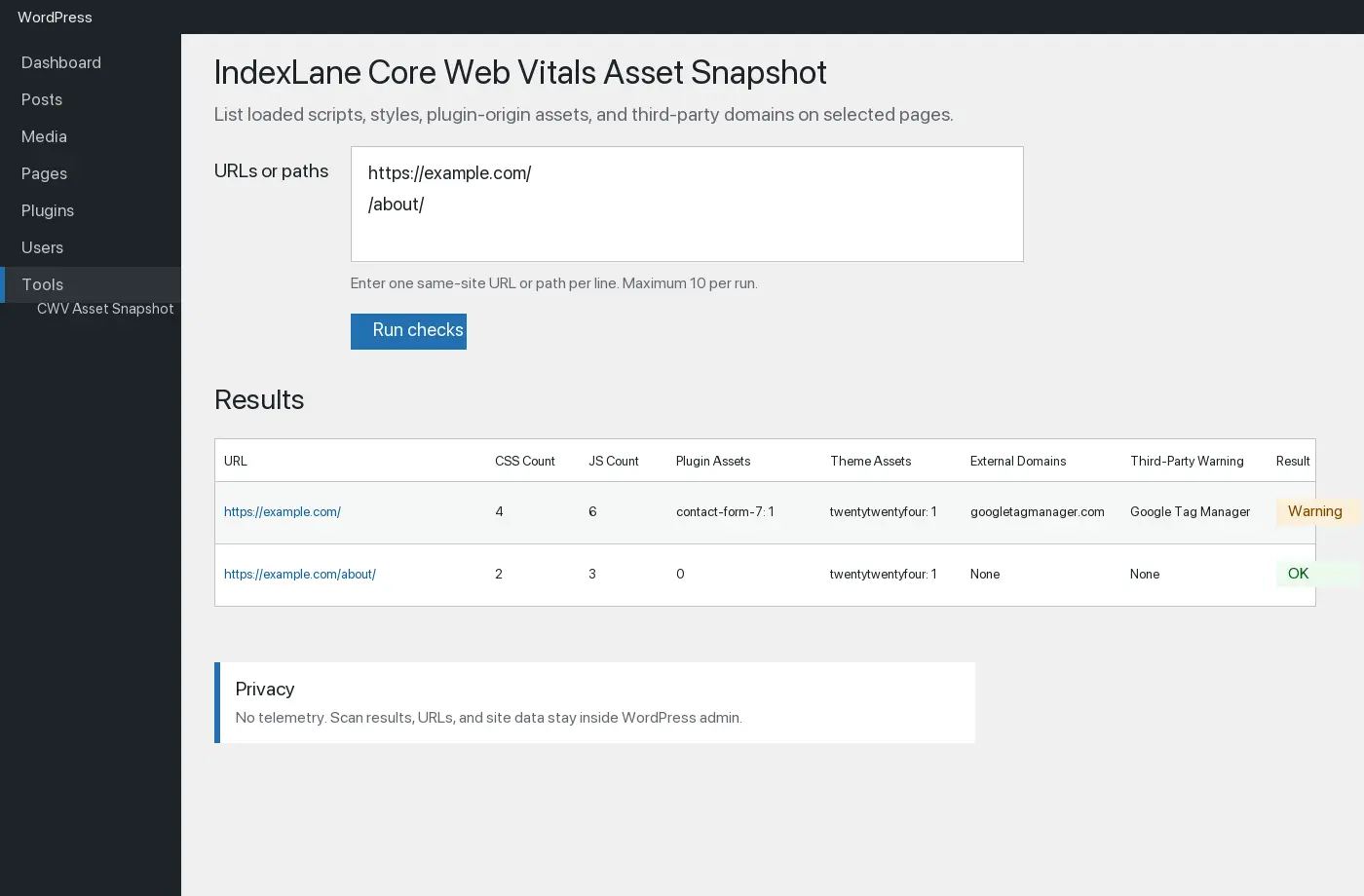 IndexLane Asset Weight Snapshot plugin page