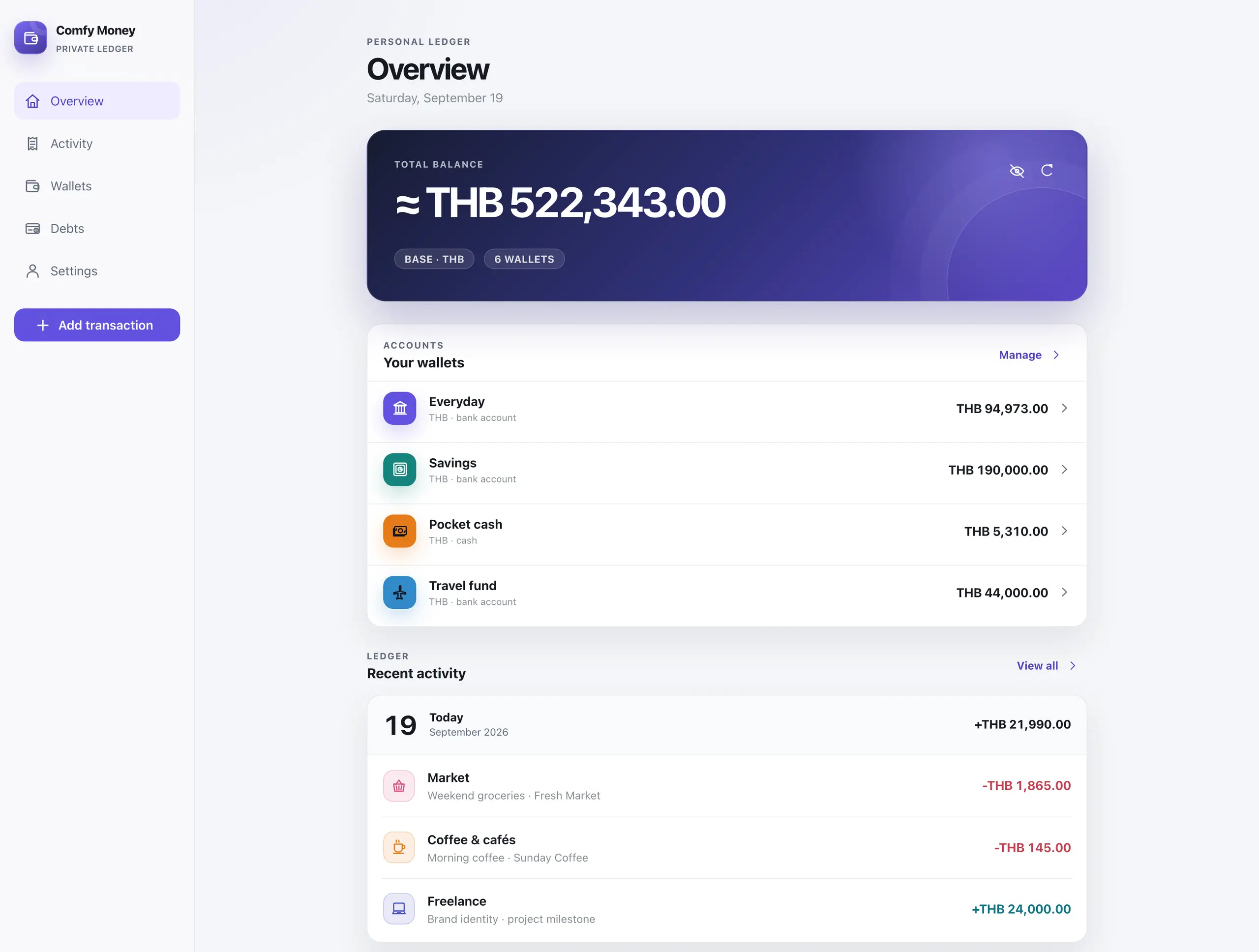 Comfy Money - Private Multi-Currency Ledger dashboard