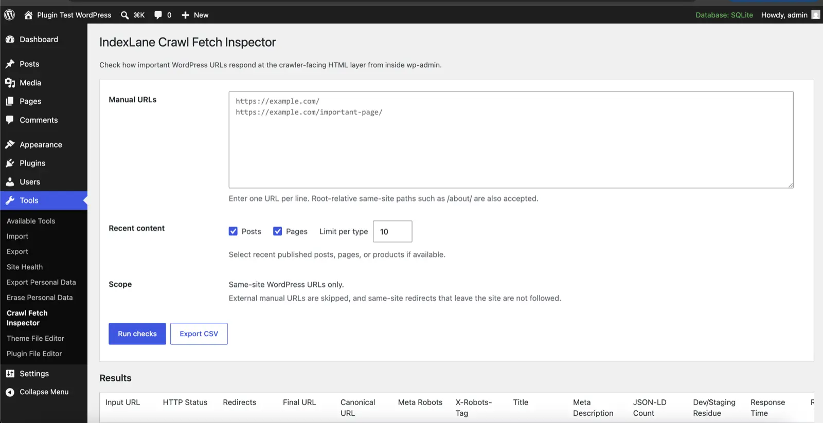 IndexLane Crawl Fetch Inspector - main page