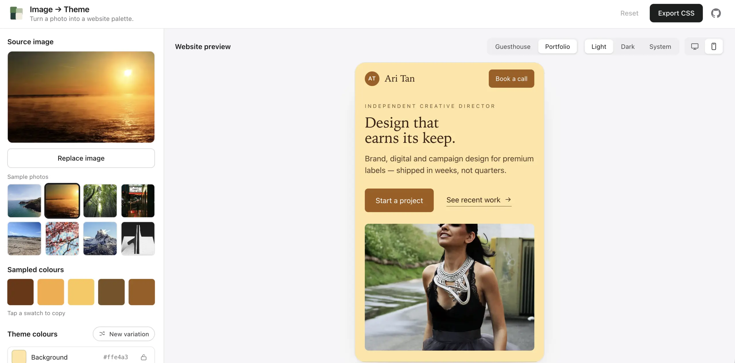 Hueframe - on-a-fly CSS change on the portfolio template