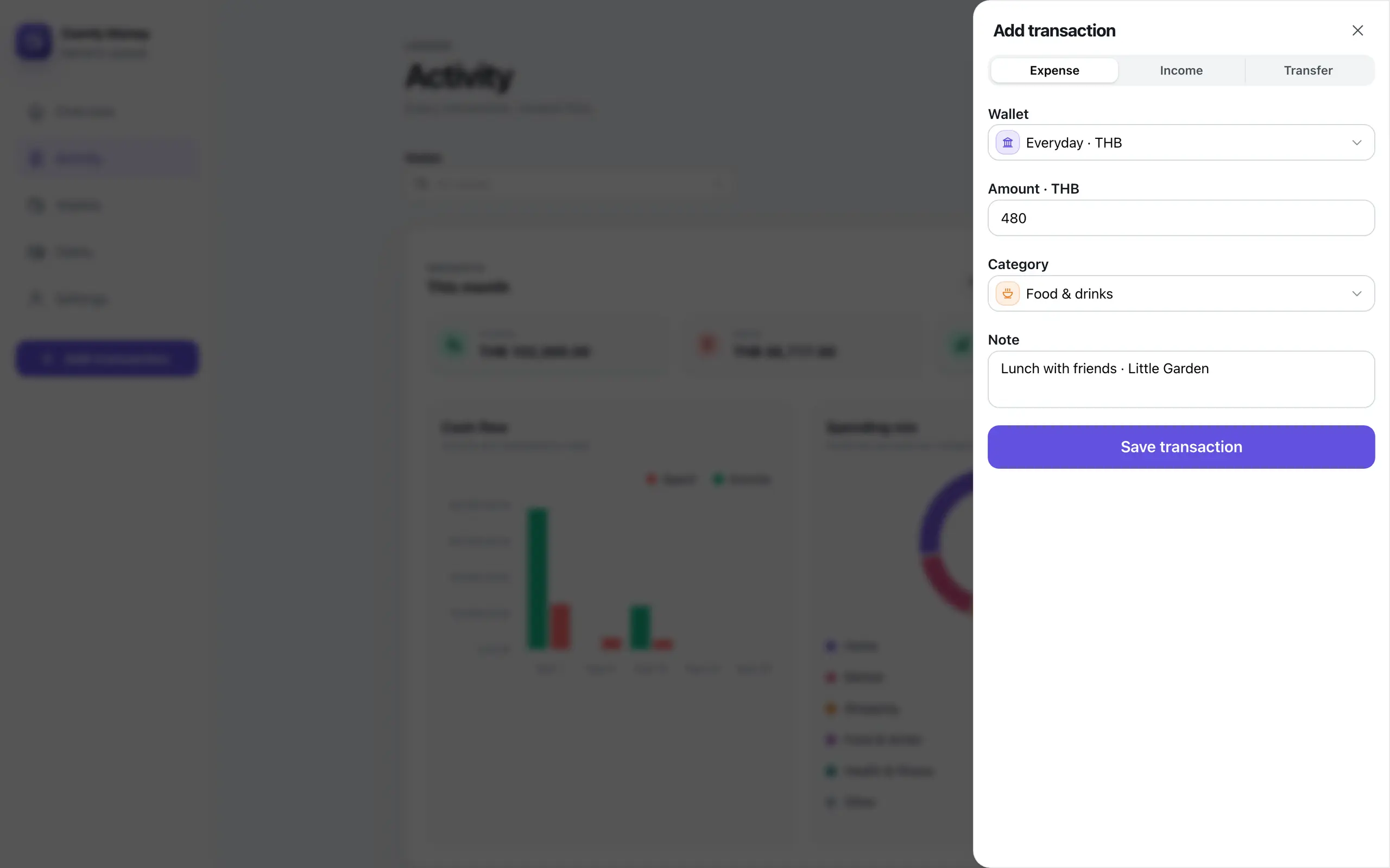 Comfy Money - Private Multi-Currency Ledger adding transaction