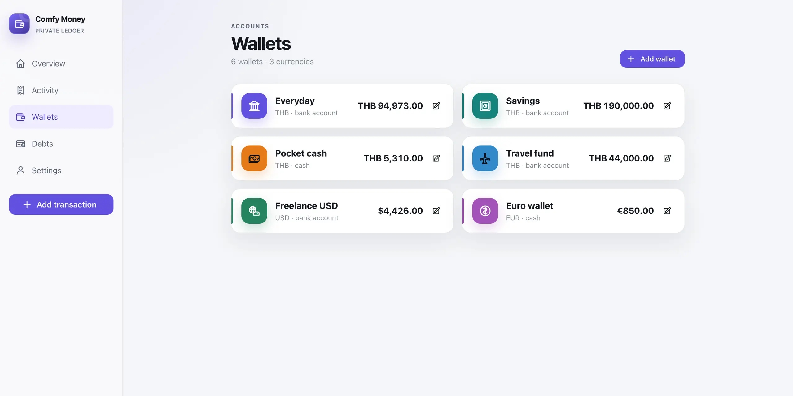 Comfy Money - Private Multi-Currency Ledger accounts