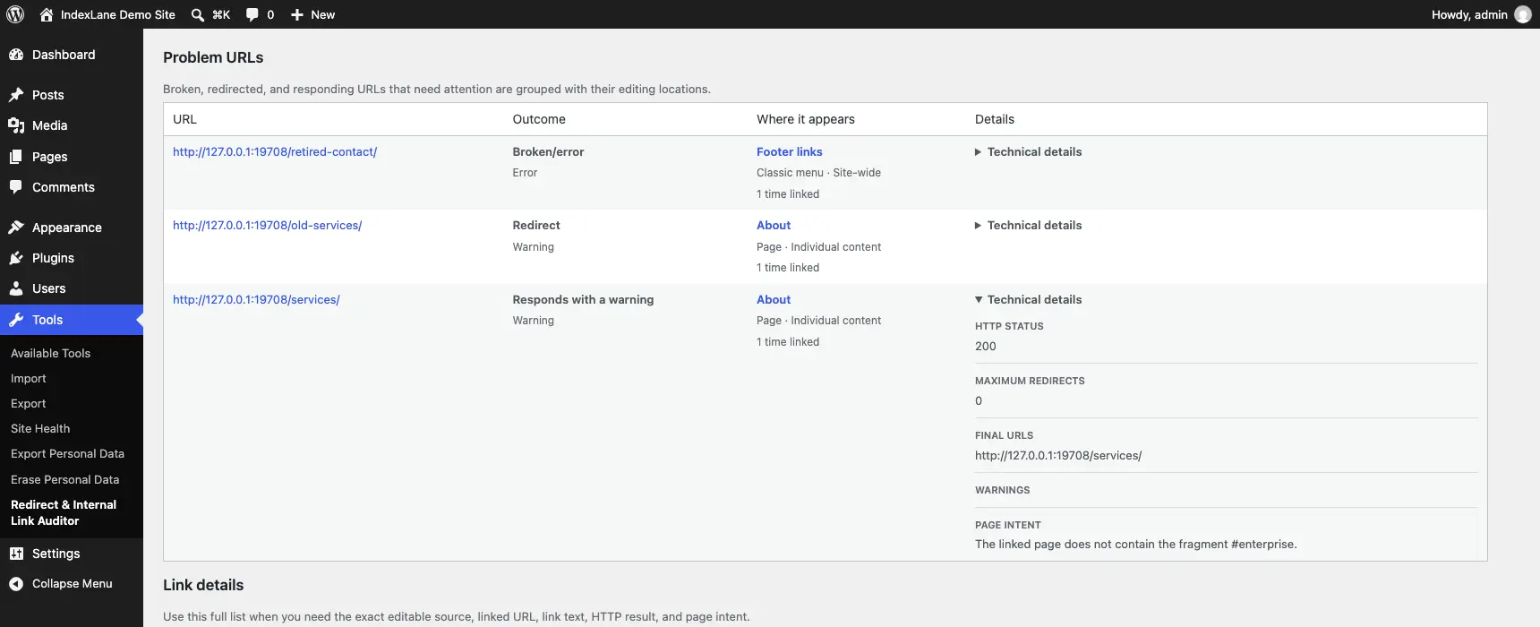 IndexLane Redirect & Internal Link Auditor - main plugin page
