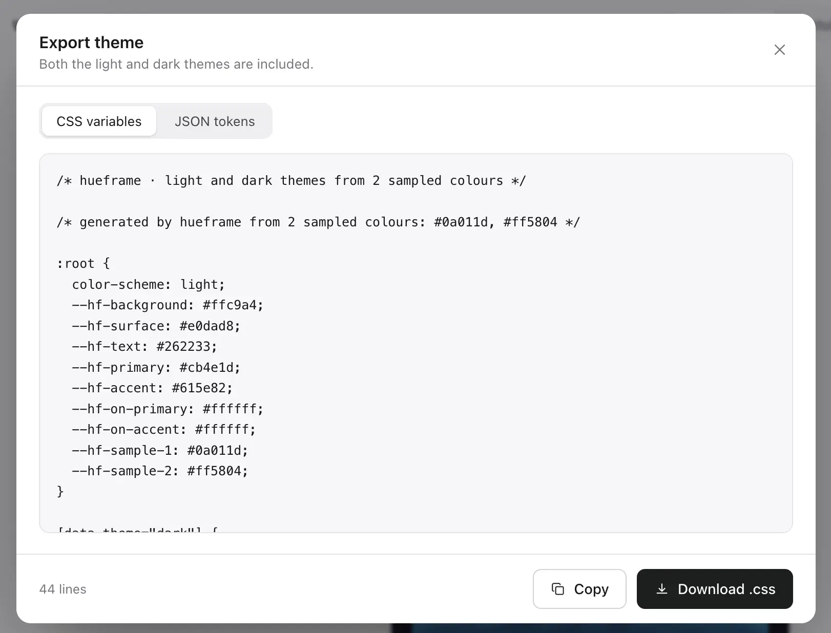 Hueframe - CSS export screen