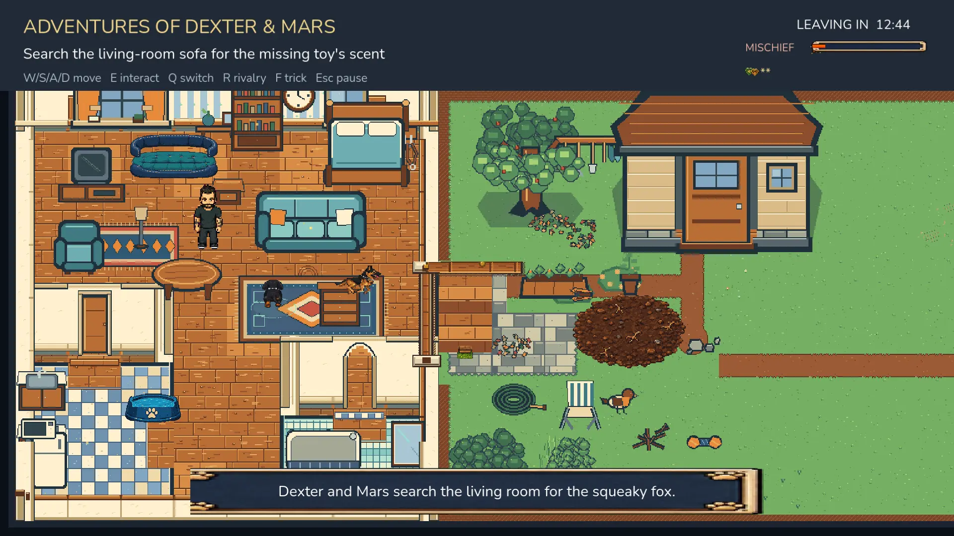 The opening search connects the furnished house to the garden outside.