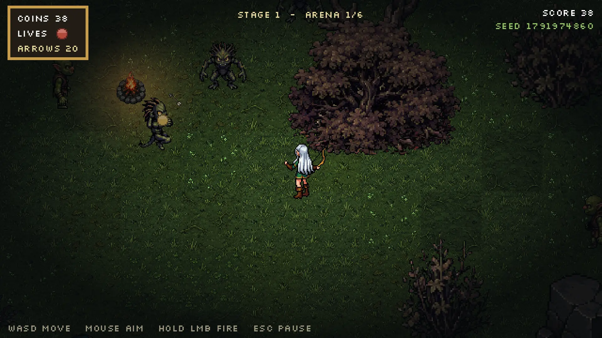 Fern facing goblins and other monsters in a grassy arena surrounded by trees and rocks.