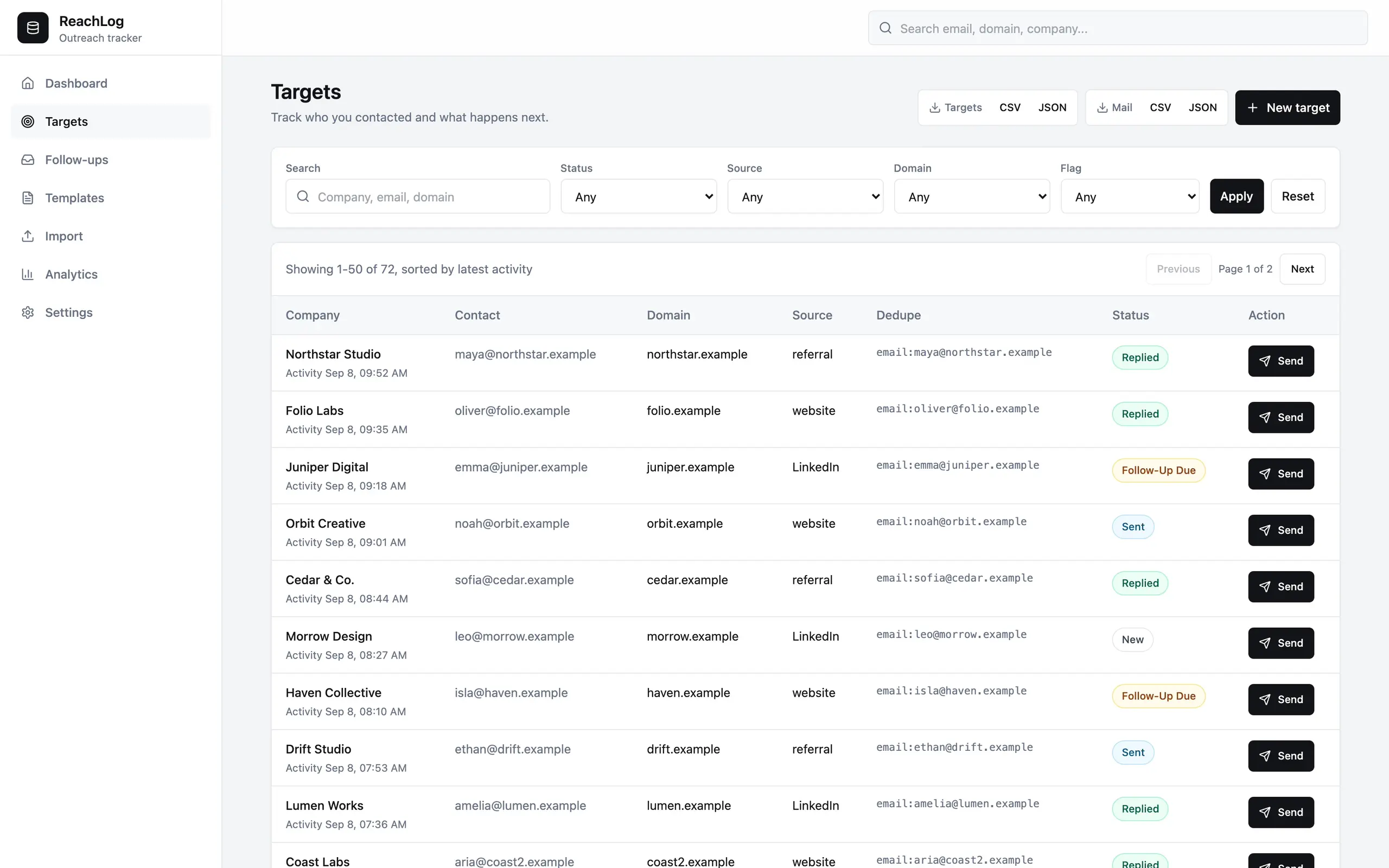 ReachLog - Targets list