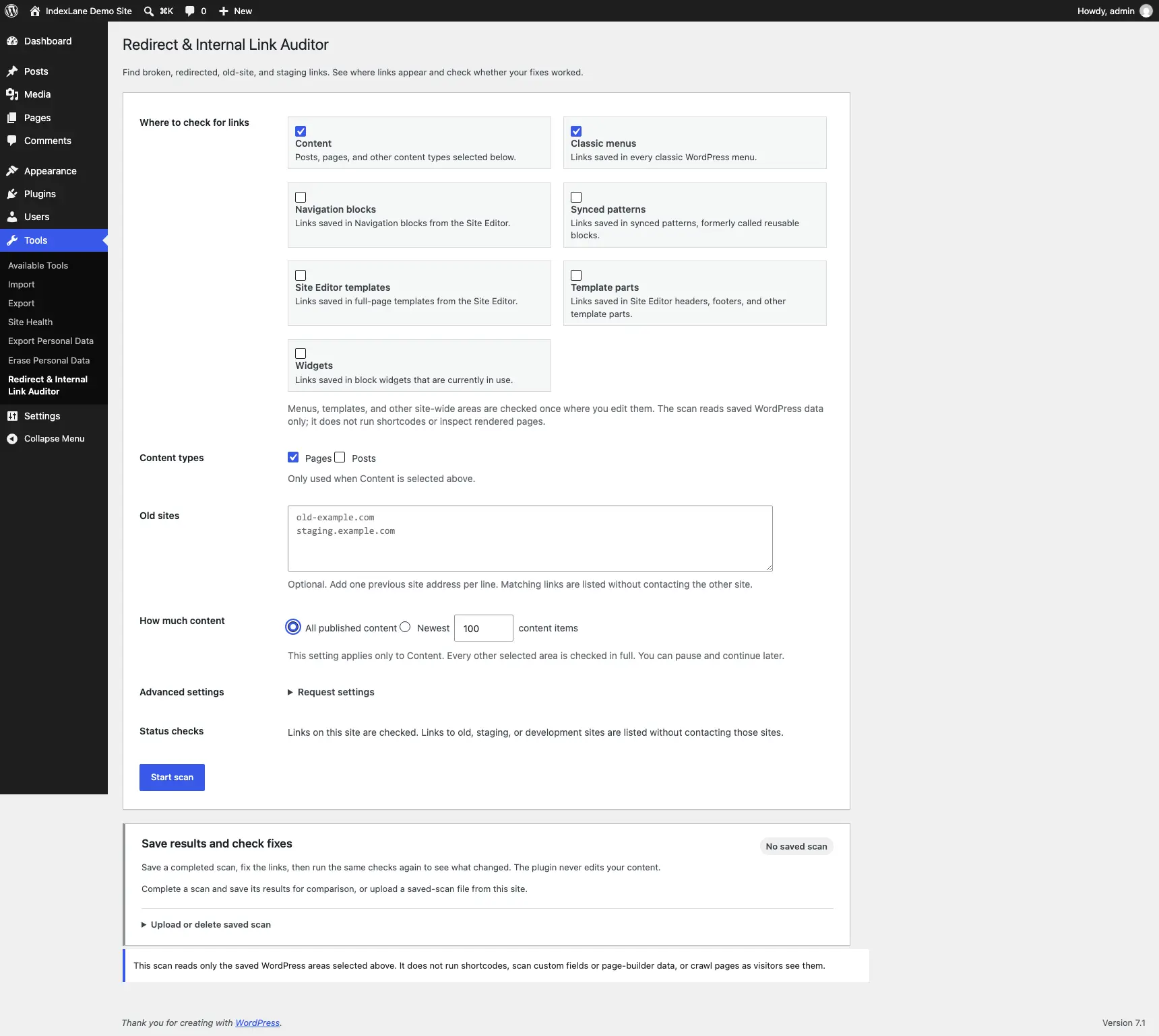 Redirect & Internal Link Auditor form