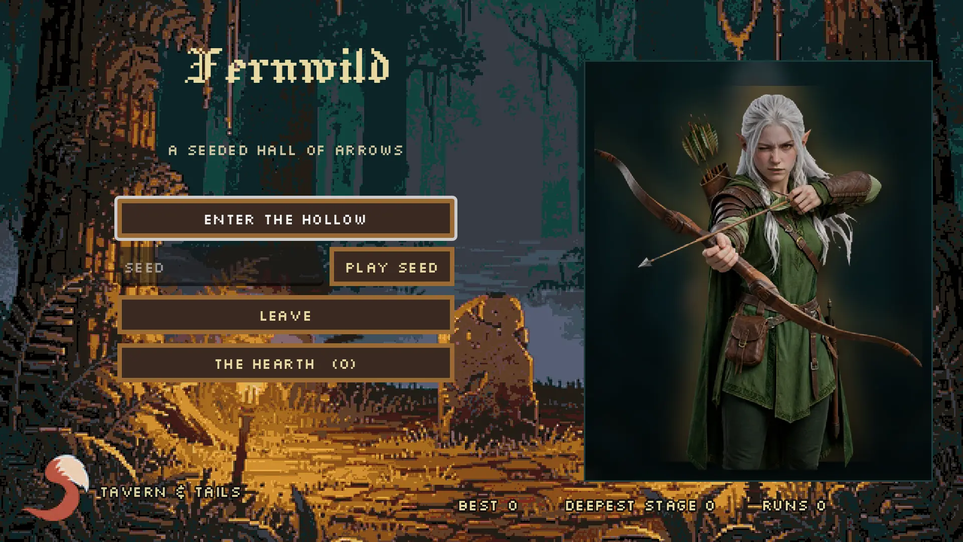 Fernwild's title screen, with a torchlit forest, Fern holding her bow, and buttons to start a run or enter a seed.