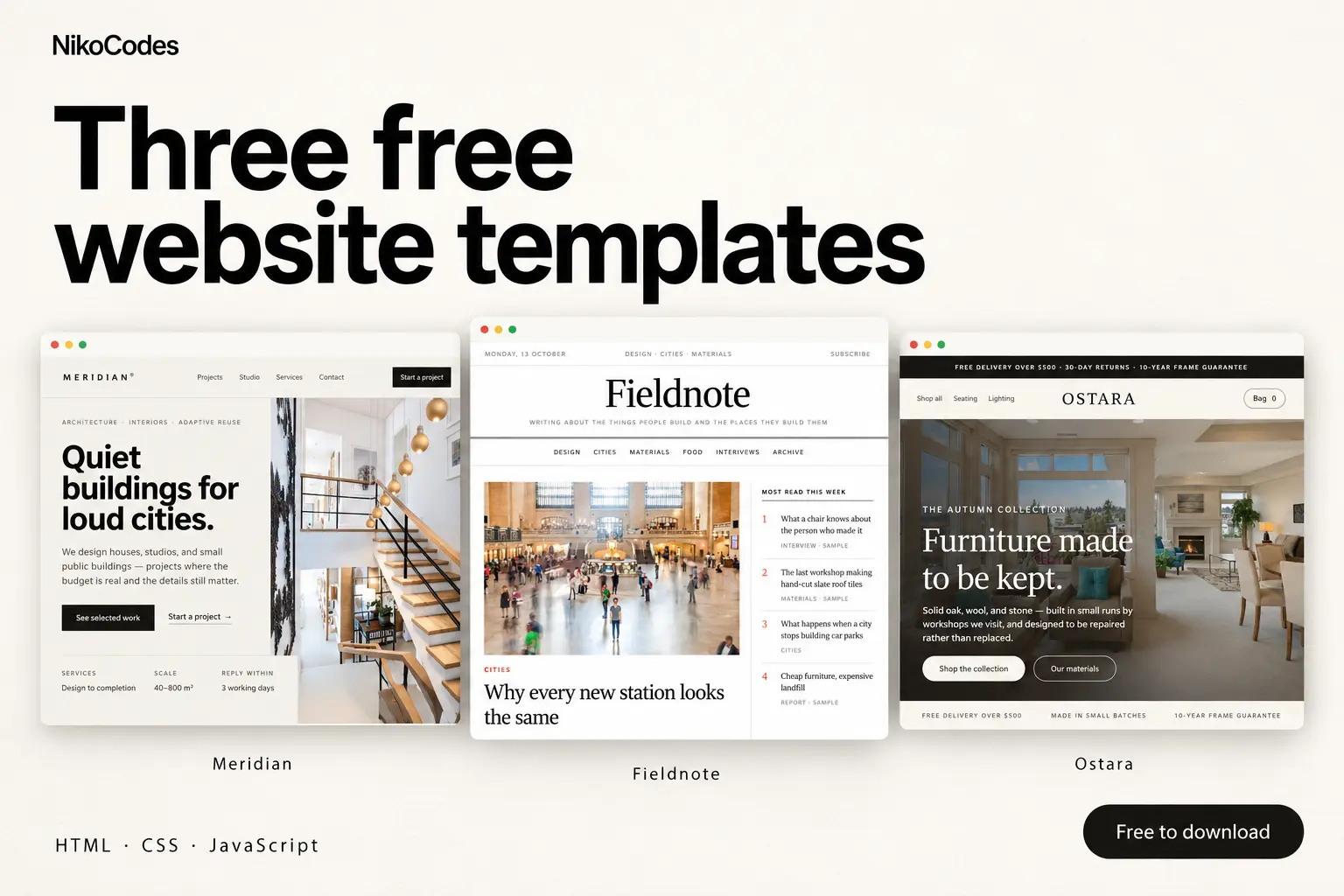 Previews of Meridian's architecture site, Fieldnote's publication and Ostara's furniture storefront.