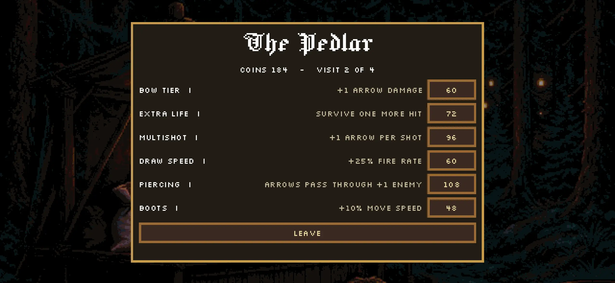 The pedlar's upgrade shop in Fernwild's wide mobile layout, showing bow, life, multishot, draw speed, piercing and boots upgrades.