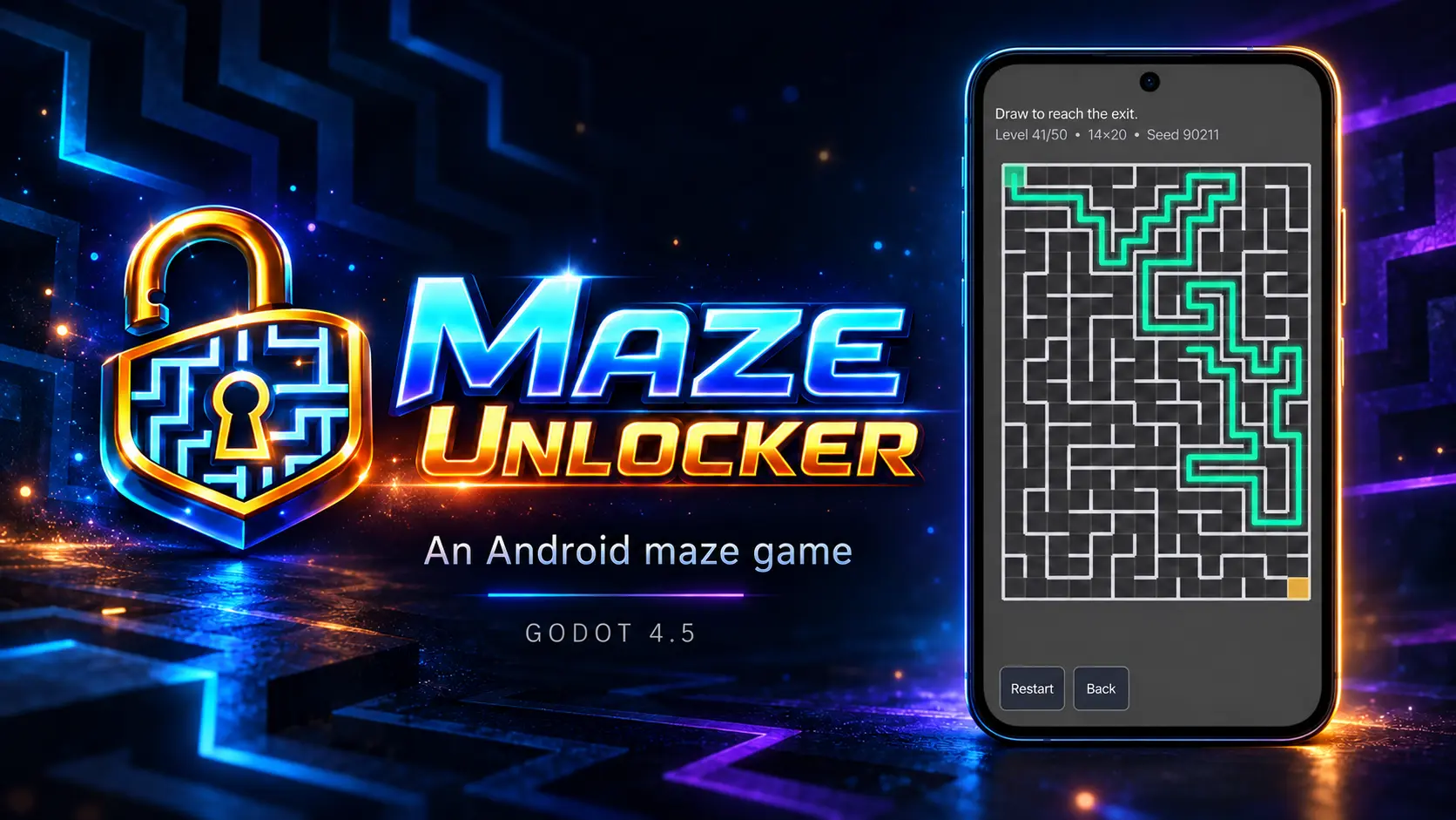 Maze Unlocker Android game branding beside a phone mockup showing a maze with a green path and gold exit.