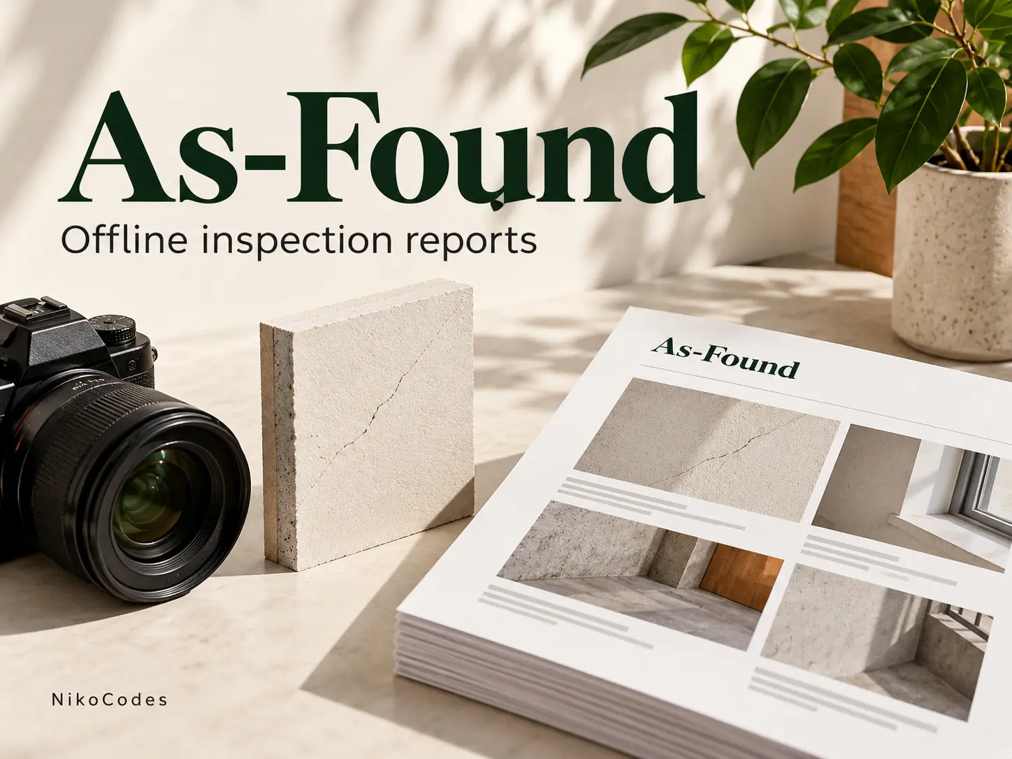 Editorial illustration of a property inspection becoming a portable photo report.