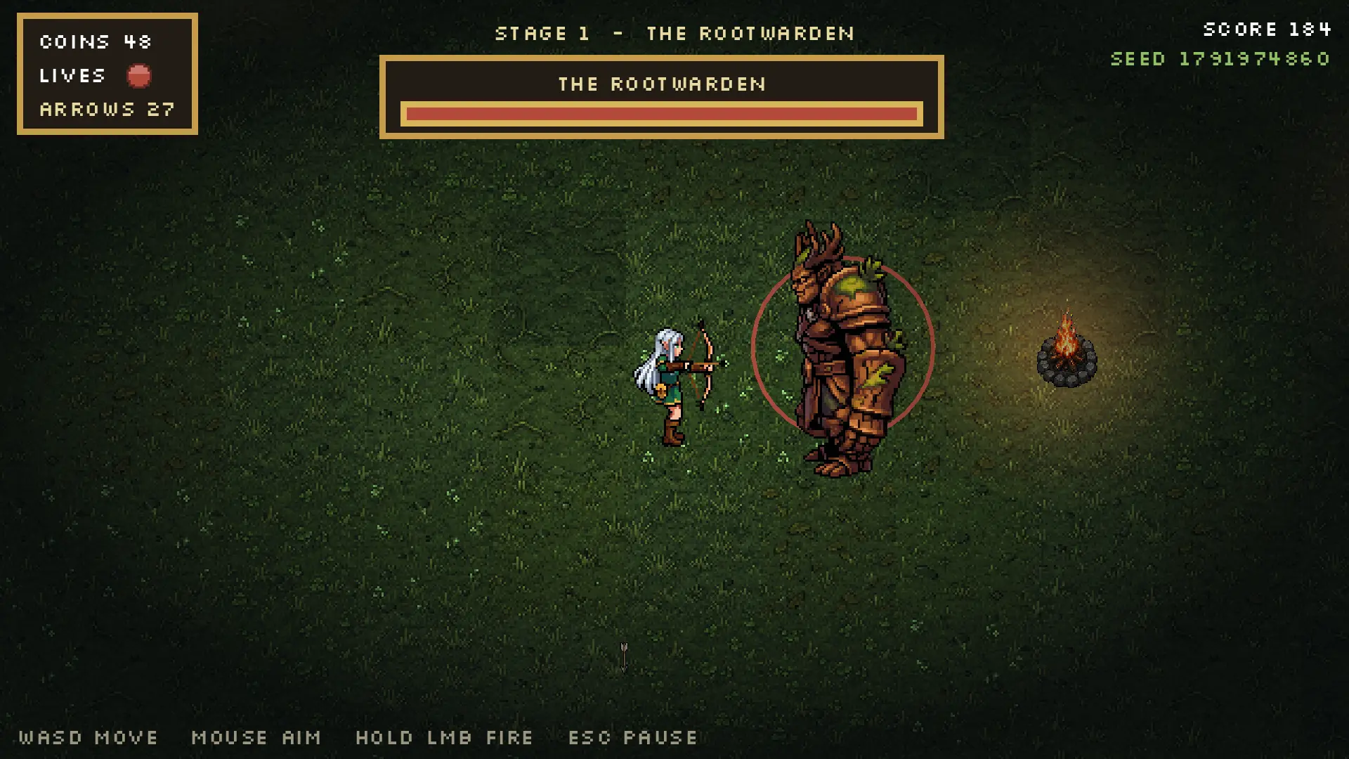 Fern aiming her bow at the Rootwarden, a large wooden boss with a health bar above the arena.