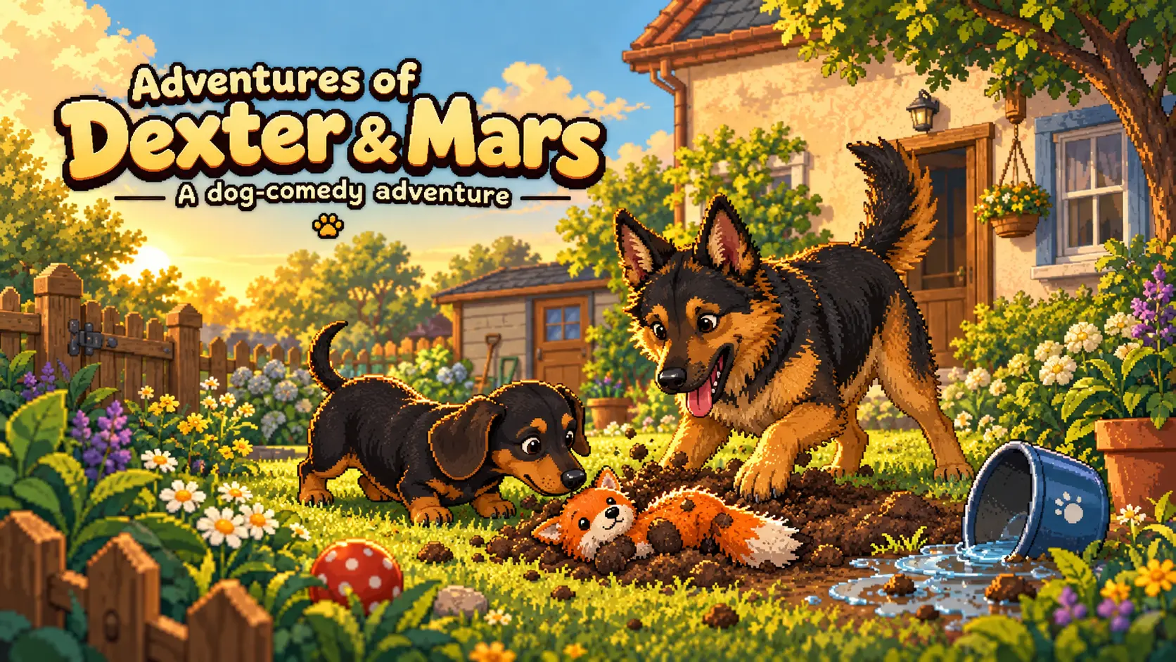 Illustrated cover showing Dexter and Mars investigating a squeaky fox toy beside a spilled water bowl in a sunny garden.