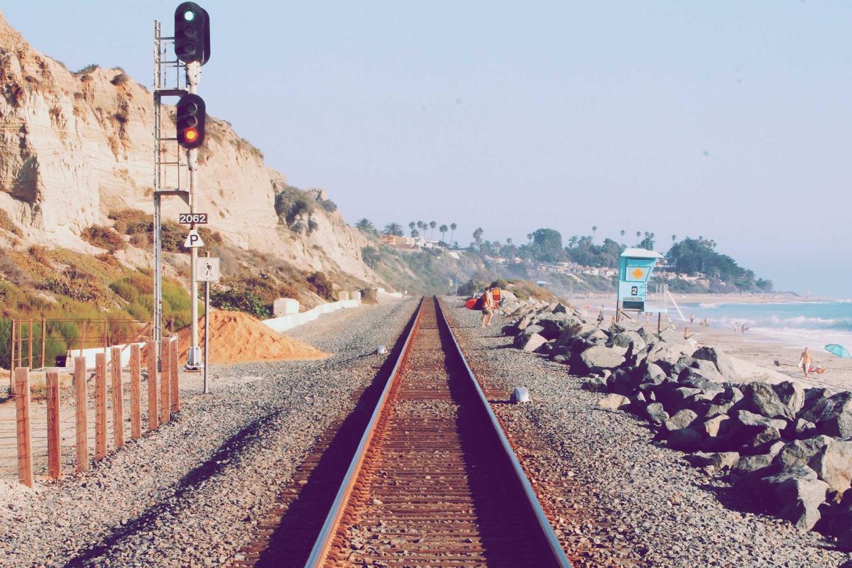 Railway tracks running straight ahead between coastal cliffs